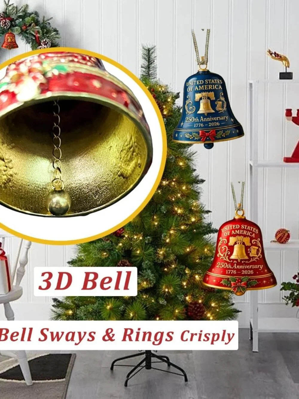 250th Anniversary Bell Ornament,Vintage 250th Anniversary Ornament,3D Red and Go - Picture 3 of 9